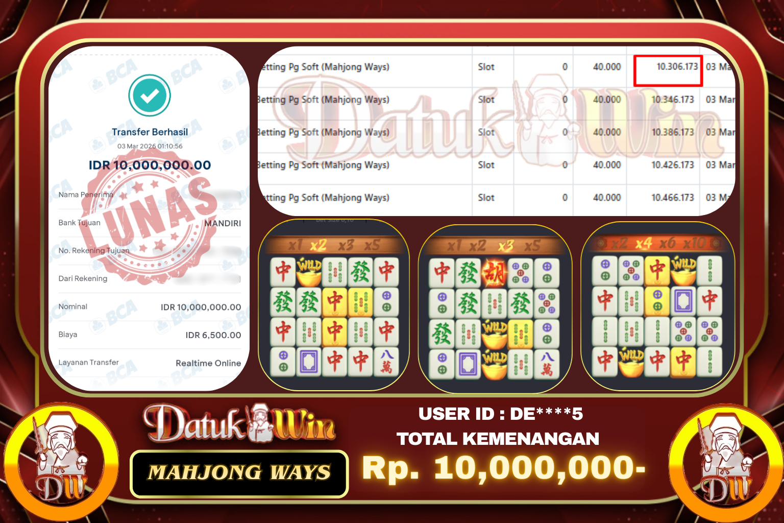 Bukti Pembayaran Jackpot 03 MARET 2026 – DATUKWIN