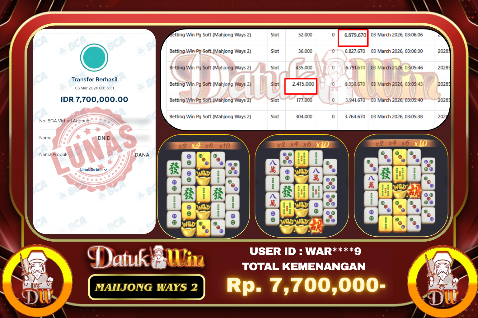 Bukti Pembayaran Jackpot 03 MARET 2026 – DATUKWIN